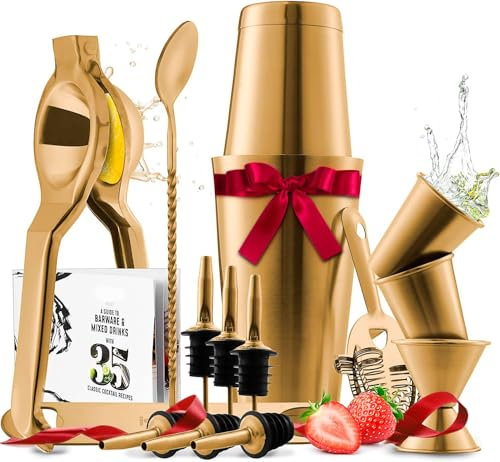 Bar Set Cocktail Shaker Set, Stainless Steel Mixology Bartender Kit, 16 Piece Cocktail Kit, Gold Cocktail Set, Bar Tools: 30oz Martini Shaker, Muddler, Bar Kit Cocktail Book, Jigger and Pourers