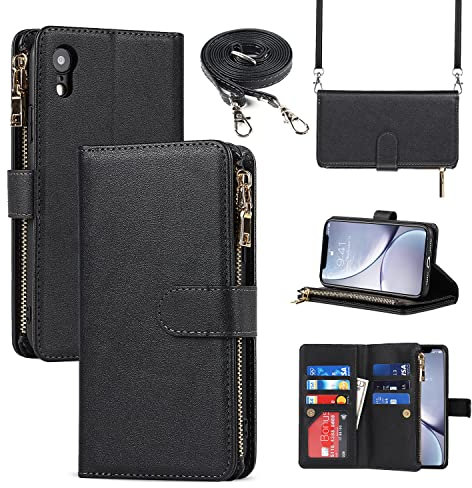 Cavor Coque Compatible avec iPhone XR Etui avec Cordon,Flip Portefeuille Étui Cuir,[9 Porte Cartes][Double Boucle],Protection Housse Etui Compatible avec iPhone XR - Noir