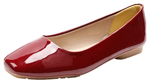 ANUFER Damen Ballerinas Quadratischer Zeh Mikrofaser-Leder Schlüpfen Kleid Pumps Schuhe Burgund Patent SN0707127 EU40