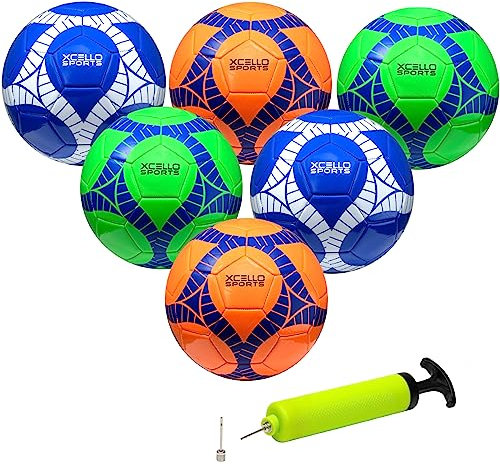 Xcello Sports Soccer Ball Size 4 Assorted Graphics (Orange, Green, Navy) with Pump (Pack of 6)