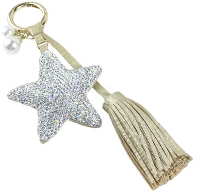 ZDHC Schlüsselanhänger mit glitzernden Kristallen, Strasssteinen, Stern, luxuriöse Quaste, Perlen, Schlüsselanhänger für Frauen, Autoschlüssel, Taschenanhänger, gold, One size