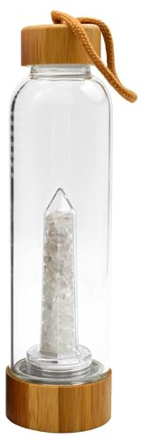 Crystal Drinking Flask With Quartz Fragmented Crystals 500ML - Clear Water Bottle, Glass Bottle, Stunning Gifts (Bamboo)