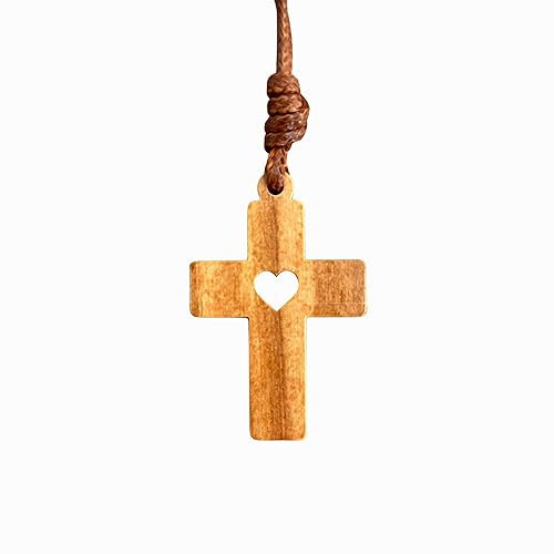 AMPALS, Halskette, Braun, Kreuz, Olivenholz, authentisch, handgefertigt in Jerusalem, Kraft-Box, Jutekordel, Taufe, Kommunion, Schutz des Autos, Geschenk für Weihnachten, Wohlbefinden, Haus,
