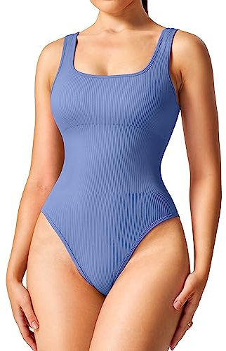 Yiifit Bodysuit Shapewear Damen Ribbed Body Shaper Ärmellos Seamless Square Neck Yoga Jumpsuit Gerippt Bauchweg Tanga Figure Shaping Light Blue Small