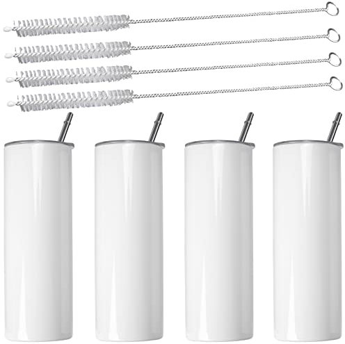 Pvczool Sublimation Tumblers 20 Oz Skinny Straight,Stainless Steel Sublimation Blanks Skinny,with Lid and Straw,4 Pack