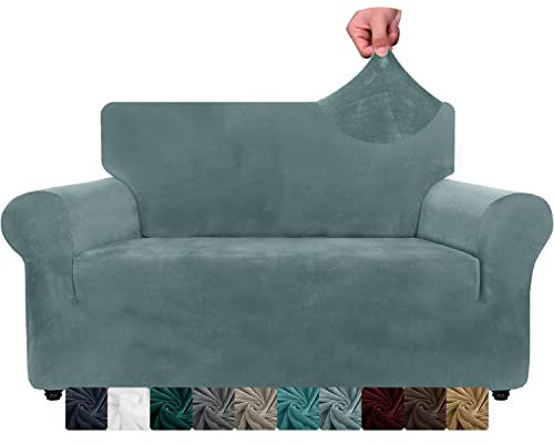 XINEAGE Samt Sofaüberzug 2 Sitzer, Stretch Sofa überzug für Wohnzimmer, Dicke Weiche Sofaüberwurf, Rutschfester Sofa Cover für Hunde, Haustiere (2 Sitzer, Graublau)
