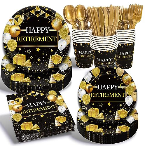 Kepeel 168 Pcs Retirement Party Supplies, Happy Retirement Party Decorations for Men Women Black Gold Retirement Paper Plates Napkins Cups, Plastic Forks Knives Spoons for Farewall Party Decorations