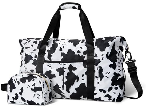 Tuwubi Reisetasche – Damen-Sport- und Wochenendtasche, 45 l, mit kleiner Tasche, Kuhmuster, Reisetasche