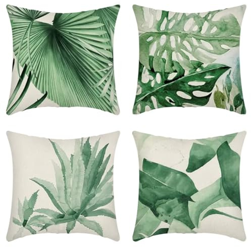 Kissenbezug 70x70 cm 4er Set Grün Kissenbezüge Anlage Outdoor Kissen Leinen Quadrat Sofakissen Dekokissen Gartenmöbel Kissen couchkissen kissenhülle für Couch Wohnzimmer Büro Auto Home Decor Geschenke