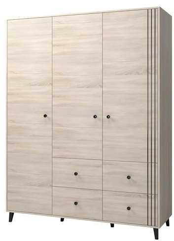 Fabryka Mebli Idźczak - Kinderzimmer Dreitüriger Kleiderschrank Fox 4S3D 19 mit Schubladen - 55 x 150 x 202 cm Schrank - Drehtürenschrank Schwarze Metallgriffe - Modernes Design