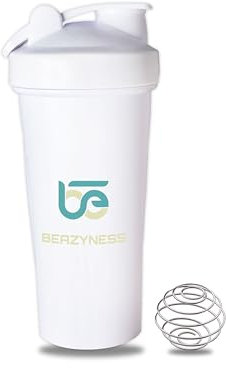 Beazyness 'beazyShaker' Shaker Fitness - 800 ml - Senza BPA - Resistente alle Perdite - Shaker Premium con Pallina - Ideale per Palestra, Yoga, Corsa e Altri Sport. (Bianco)