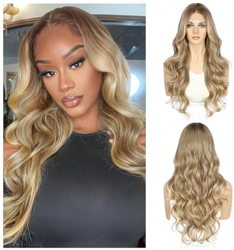 Sapphirewigs Blond Lace Front Perücke Synthetische Körper Welle Blond Balayage Perücken Damen Party Date Tägliche Tragen Natürlich Aussehen Weihnachten 26inch