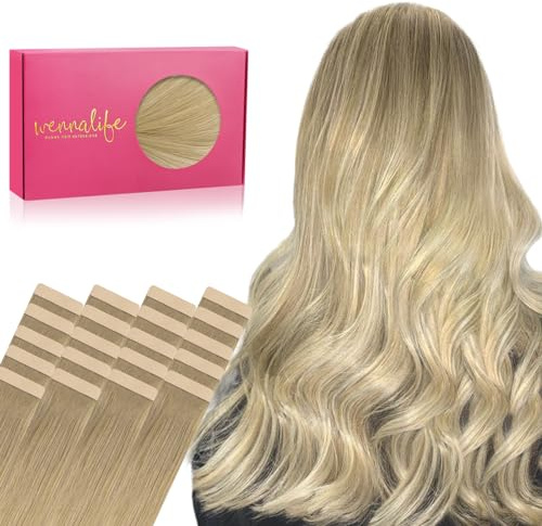 WENNALIFE Tape in Haarverlängerungen Echthaar, 20pcs 50g 20 Zoll Balayage schmutzig blond zu weiß blond Remy Haarverlängerungen gerade Echthaar Tape in Extensions Haut Schuss Tape Extensions Echthaar