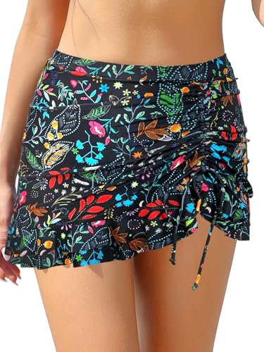 SHEKINI Damen Elegant Bademode Kurze Rock Bikinirock Eingebaut Bikinihose Sportrock Kordelzug Schwimmrock Strandbikini (Bunte Blumen, L)