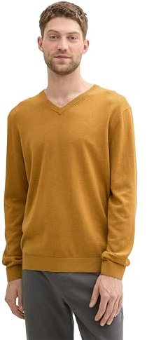 TOM TAILOR Herren Basic Pullover mit V-Ausschnitt aus Baumwolle, 36292 - Mustard Melange, XXXL