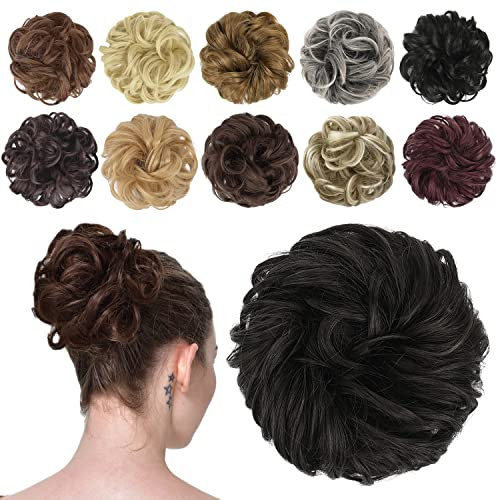 FESHFEN Haarteil Mit Gummiband, Dutt Haarteil Haargummi Mit Haaren Gelockt Haardutt Synthetisch Haar Haarverlängerung Pferdeschwanz Haarteile für Damen Mädchen, Schwarzbraun 42g