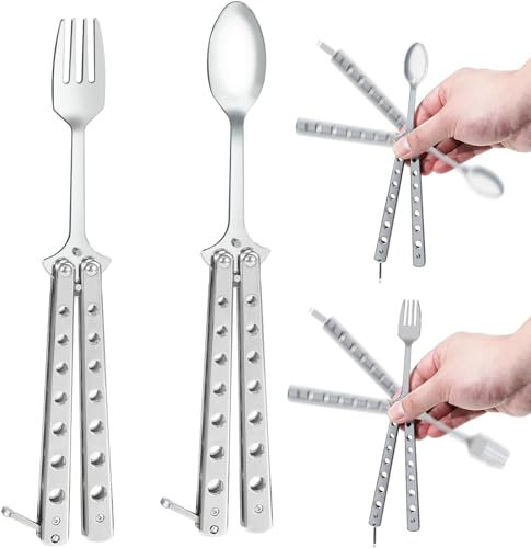 Butterfly Fork and Spoon Stainless Steel Set 2 Pcs, Reusable Spork for Travel Camping Hunting Outdoor Kitchen (Silver)