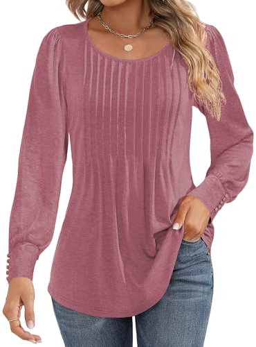 Cuptacc Langarmshirt Für Damen Elegant Rundhals Falten Basic Shirt Damen Puffärmel Locker Oberteile Hibiskusviolett Groß L 42-44