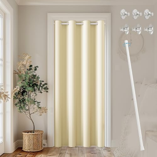 JCyh Türvorhang ohne Bohren mit Stange und Magnetknopf,Thermovorhang mit Ösen H 200 x B 132 cm, Akustikvorhang für Schlafzimmer/Wohnzimmer/Arbeitszimmer, Vorhang Hellbeige + Stange Weiß