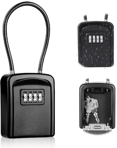 Riisoyu Caja de Seguridad para Llaves Exterior, Armarios Bloqueo Gancho con Codigo 4 Digitos Portátil Caja de Cerradura Impermeable Candado Guarda Cajetin Llaves Lockbox para Home Office Garage School