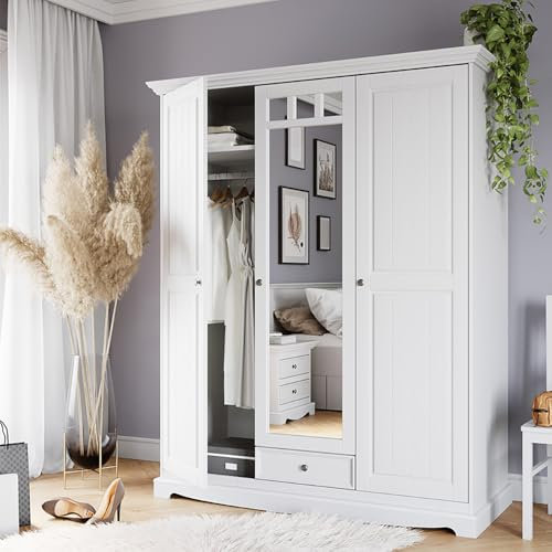 Lomadox Schrank Kleiderschrank Schlafzimmer Schlafzimmerschrank mit Spiegel, Massivholz in weiß
