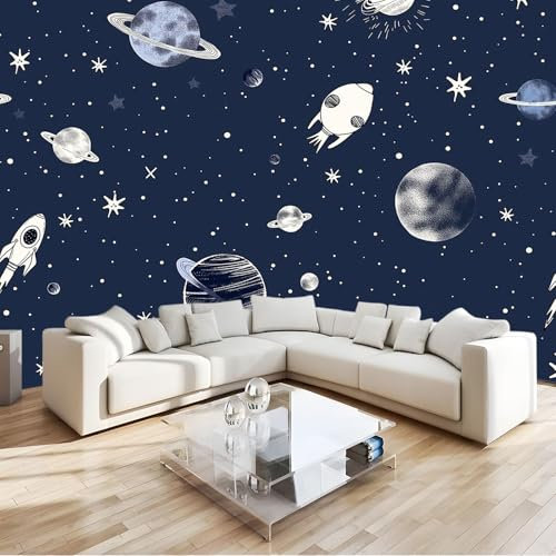 Fototapete 3D Cartoon Sterne Sterne Planeten Blau Vlies Tapeten 400x280 cm 3D Effekt Moderne Wandtapete Wohnzimmer Schlafzimmer Wandbilder Wand