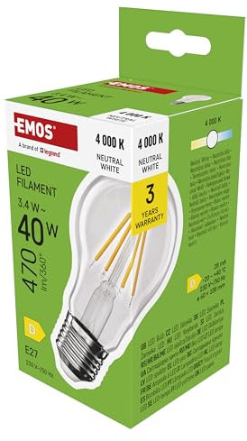 EMOS LED Lampe Edison A60, 3,4W Ersatz für 40W Glühbirne, Vintage-Glühlampe mit E27 Sockel und Helligkeit 470 lm, Neutralweiß 4000 K, 25000 Stunden Lebensdauer, CRI > 80, 360° Abstrahlwinkel