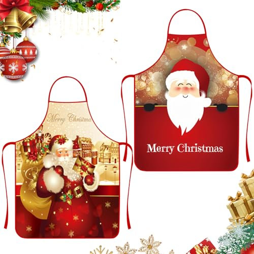 WEILAOK Kochschürze Weihnachten, Schürze Weihnachten,weihnachtsschürze, kochschürzen,Lang verstellbar küchenschürze mit Weihnachtsmannmuster, 80cm*60cm, 2 Stück