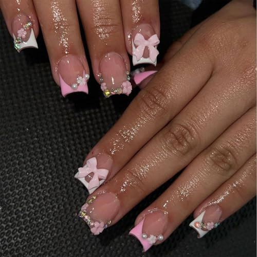 Calkkrer 24 pièces French Press On Nails, Ongles Carrés Courts à Coller Avec Boucles Et Strass, Ongles Artificiels, Bow Fake Nails, Faux Ongles Artificiels