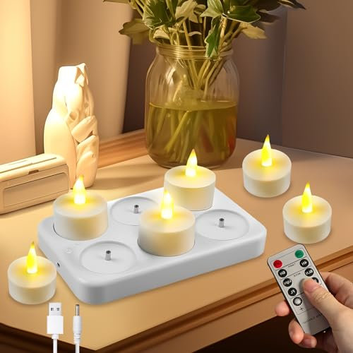 Bougies chauffe-plat LED, 6 pièces bougies avec télécommande, minuterie, bougies rechargeables sans flamme, lumière de bougie vacillante, veilleuse