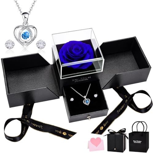 UUEMB Rosa Eterna, Blu Rose Stabilizzata Confezione Regalo con Collana a Cuore e Orecchini, San Valentino Festa della mamma Anniversario Regali di compleanno per mamma Moglie Sorella Donna
