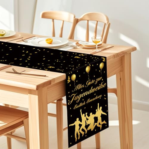 Lets Joy Jugendweihe Tischläufer, 30 x 270cm Jugendweihe Deko, Alles Gute zur Jugendweihe Endlich Erwachsen Tischläufer, Schwarz Gold Jugendweihe Tischläufer, Ornament für Jugendweihe Party Deko