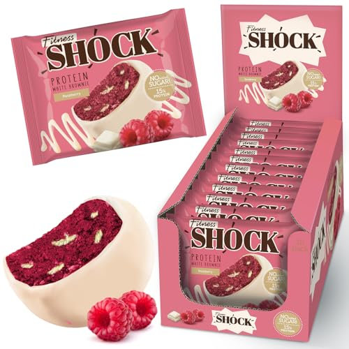 FitnesSHOCK Protein Brownie White Chocolate, No Added Sugar, 15%/7,5g Protein, 233kcal, Pre/Post Workout Snack - No Palm Oil, Filling dietary fibre, Soft Texture, 10x50g - Raspberry flavour