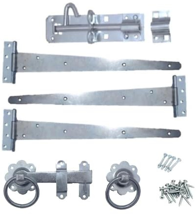 Epsom Door Handle 18 Gate Hardware Pack Black Japanned or Bzp Finish 3 X Tee Hinges 6 Ring Latch 6 Brenton Bolt with Fixings Complete Gate Kit for Wooden Garden Gates Sheds Doors (BZP Finish)