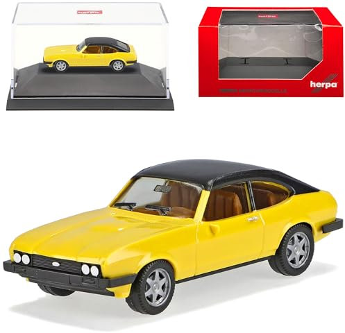 Ford Capri Gelb mit Dach in Schwarz 2. Generation Facelift Modell 1978-1986 mit Sockel und Vitrine H0 1/87 Herpa Modell Auto mit individiuellem Wunschkennzeic..