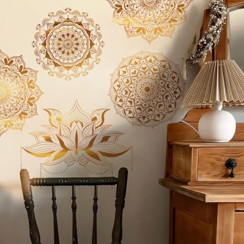 Runtoo Mandala-Wandaufkleber, Boho-Stil, groß, goldfarben, Lotusblumen, Wandaufkleber, zum Abziehen und Aufkleben, Schlafzimmer, Wohnzimmer, Yoga, Kopfteil-Dekor