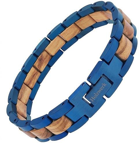 Holzwerk KALKSEE Natur Holz Armband für Damen und Herren Holzarmband Herrenarmband Damenarmband Blau Braun Einstellbar inkl. Aufbewahrungsbox