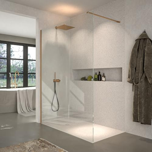 VAROBATH | Mampara de Ducha FRESH Panel Fijo 8mm - Vidrio Templado de Seguridad con Tratamiento Antical (Perfilería Oro Rosa Cepillado, 80x200)