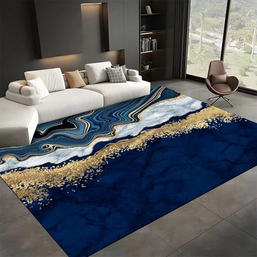 SMXVRC Marineblau Marmor Esszimmerteppich, 80x150cm, Luxus Blau Gold Textur rutschfest GroßEr Teppich, DüNn Kurzflor Gummierte RüCkseite Faltbar Dauerhaft Teppich für Kinder Jugend Kindergarten