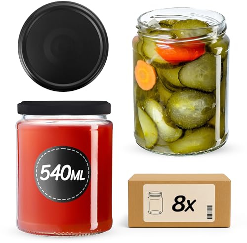 KADAX 8er Set Einmachgläser 540ml TO82 Matte Black, Pack of 8, Sturzgläser Mason Jar mit Schraubdeckel, Luftdichte Twist-off Gläser, Meal Prep, Overnight Oats, Sauerteig