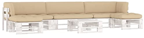 Teenpull 6-TLG. Paletten-Lounge-Set aus imprägniertem Kiefernholz, Weiß, 110x65x55 cm, mit beigen Kissen, für Garten, Terrasse und Balkon, vielseitige Outdoor-Möbel für Entspannung