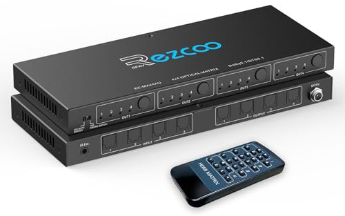 SPDIF - Matriz de audio óptico 4x4, compatible con Dolby 5.1/DTS 5.1, conmutador de audio de fibra óptica de 4 en 4 salidas con control IR e interruptor automático, Plug and Play para cine en casa