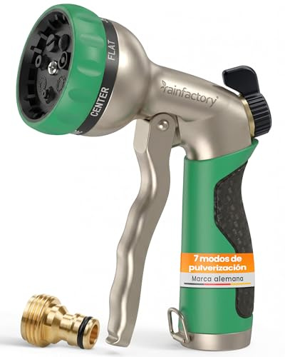 rainfactory Gartenbrause Metall - Gartenspritze mit 7 Strahlarten - Schlauchbrause mit regulierbarem Wasserdruck - Gartenschlauch Düse mit Messingadapter - Multifunktionsbrause für Garten Terrasse Hof