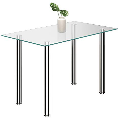 JEFFORDOUTLET Modern Glass Dining Rectangle Table with Chromed Legs,Kitchen Dining Room Furniture