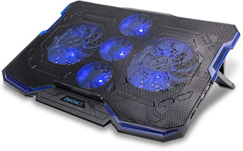 ENHANCE Cryogen Gaming - Almohadilla de refrigeración para laptop de hasta 17 pulgadas, soporte de refrigeración ajustable para laptop con 5 ventiladores ultra silenciosos, 2 puertos USB e iluminación