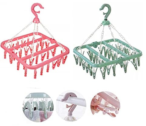 Biluer Sockentrockner Waschestander, 2PCS Clips Waschestander mit 64 Clips Socken Kleiderbugel Falten Trockengestell Socken fur Unterwasche Babykleidung Kleine Wascheartikel(Rosa,Grun)