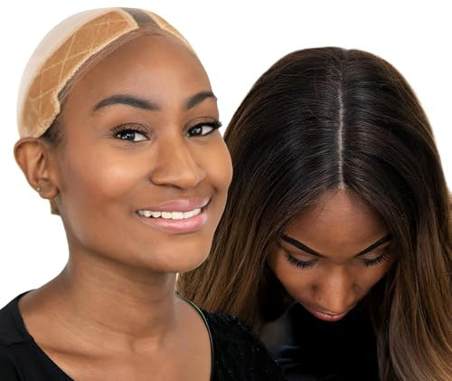 MILANO COLLECTION Spitzen-Perückengriffkappe für Frauen,Strumpf-Kuppelkappe mit integriertem elastischem Stirnband, 2 Stück, Einheitsgröße