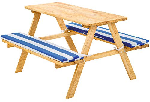 tectake 800807 Kinderpicknickbank mit Polsterauflage, Kinder Sitzgruppe aus Holz, Picknicktisch für 4 Kinder, Sitzgarnitur für den Garten, 89 x 79 x 50 cm - Diverse Farben - (Blau Weiß | Nr. 403244)