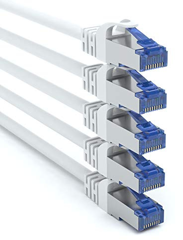 JAMEGA - 5 Stück - 1m CAT 7 Netzwerkkabel Gigabit Ethernet LAN Kabel in weiß | 10000 Mbit s | Patchkabel Cat.7 Rohkabel SFTP PIMF Schirmung RJ45 Stecker | Switch Router Modem Access Point
