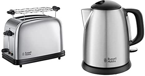 Russell Hobbs Victory Tostadora 2 Ranuras Cortas y Anchas, para 2 Rebanadas, Acero Inoxidable + Adventure Hervidor de Agua Eléctrico 2400 W, 1 litro, Acero Inoxidable